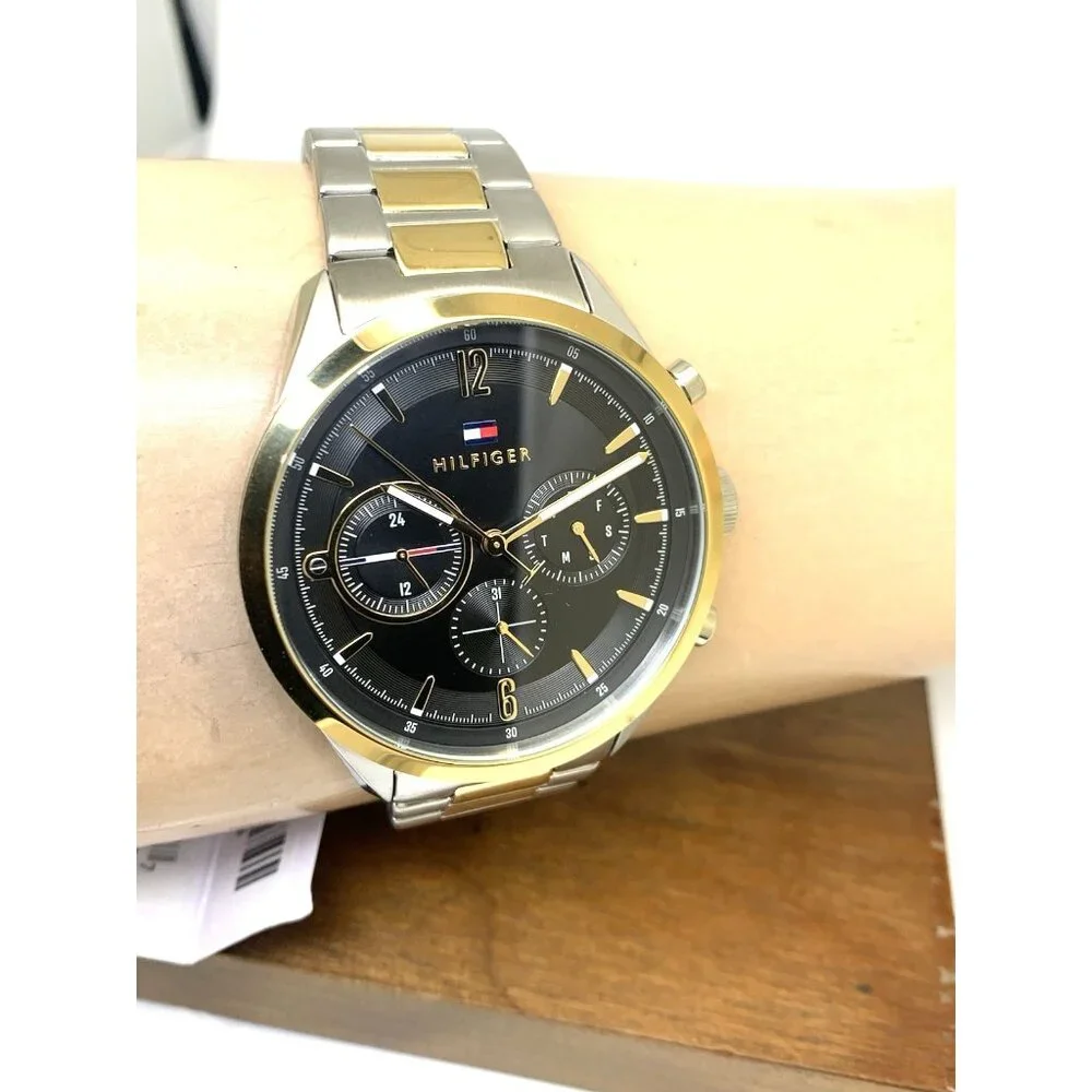 Tommy Hilfiger Men's Watch 1791944 Quartz Black Dial Two Tone Steel 44mm